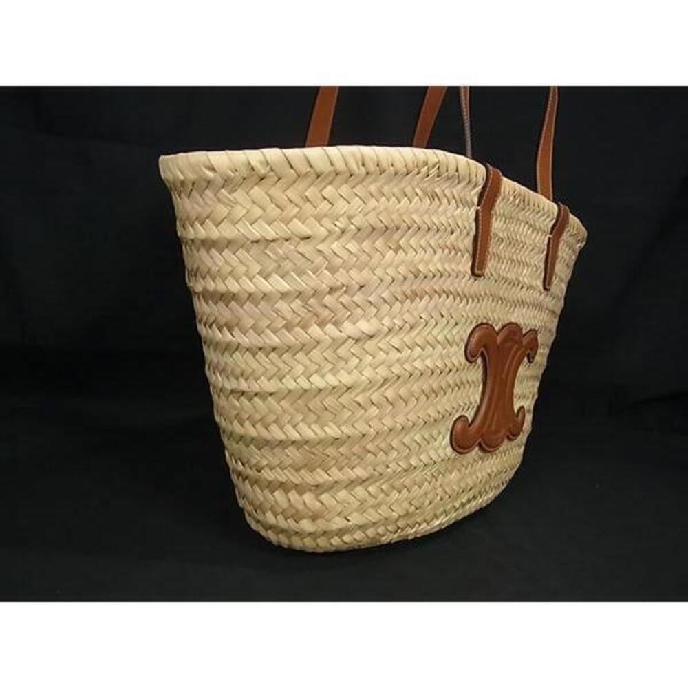 CELINE Triomphe Panier Raffia Leather Tote Bag Shoulder Brown - Picture 2 of 7